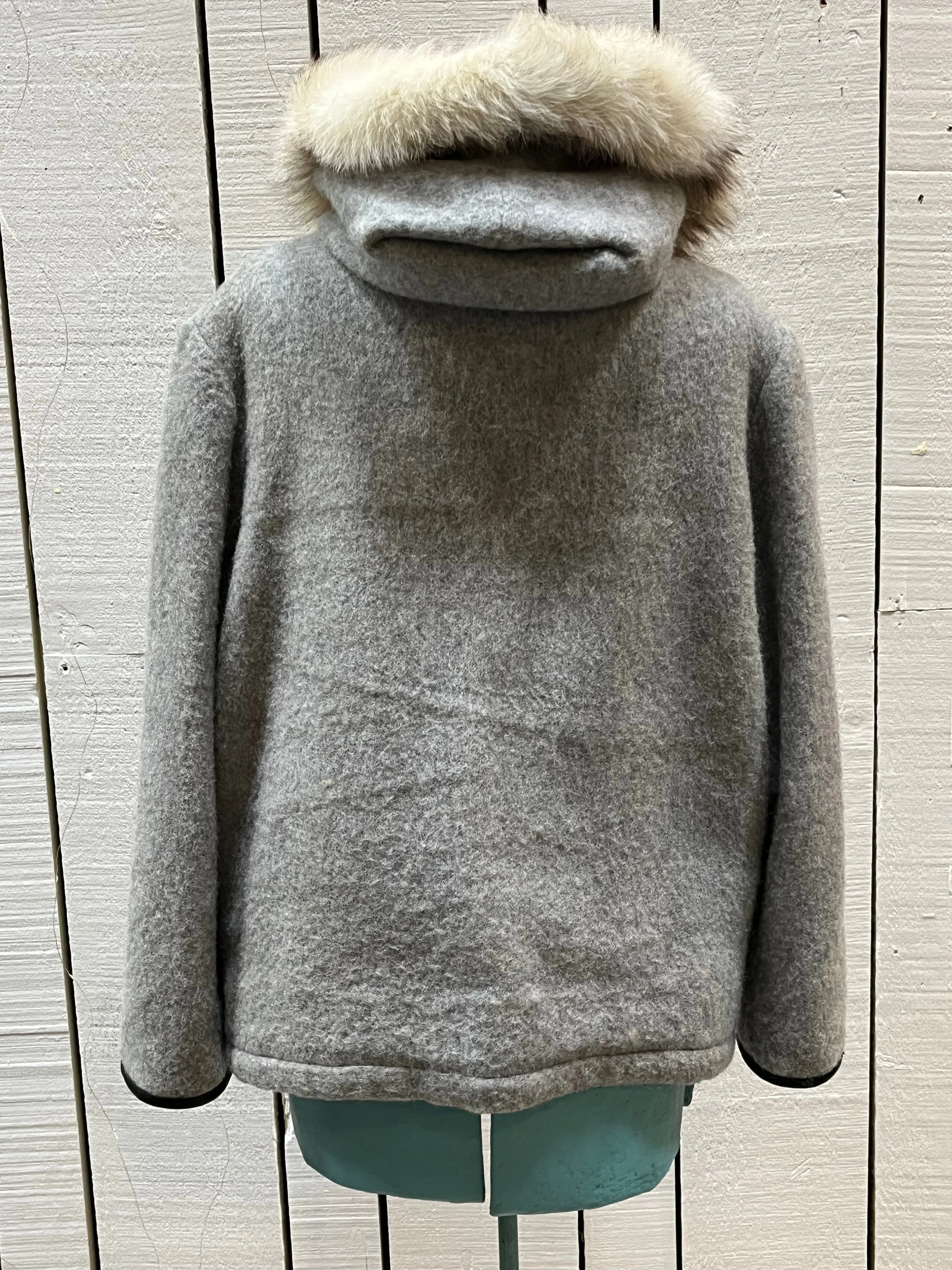 Vintage James Bay Grey Wool Northern Parka with Fox Fur Trimmed Hood and Seal Motif, Made in Canada, Chest 44”