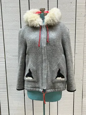 Vintage James Bay Grey Wool Northern Parka with Fox Fur Trimmed Hood and Seal Motif, Made in Canada, Chest 44”