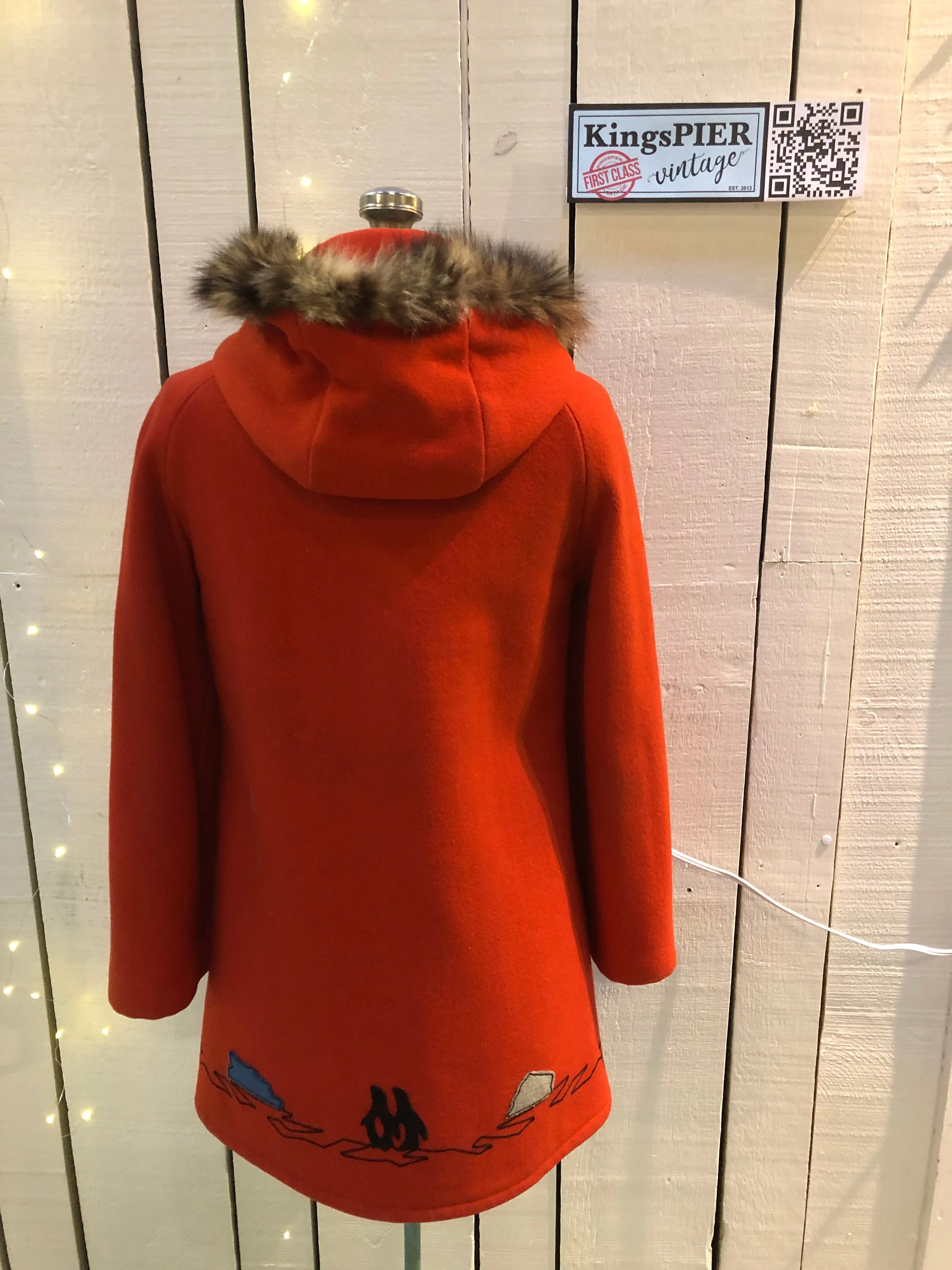 Vintage James Bay Red Wool Northern Parka with Fur Trimmed Hood, Made in Canada