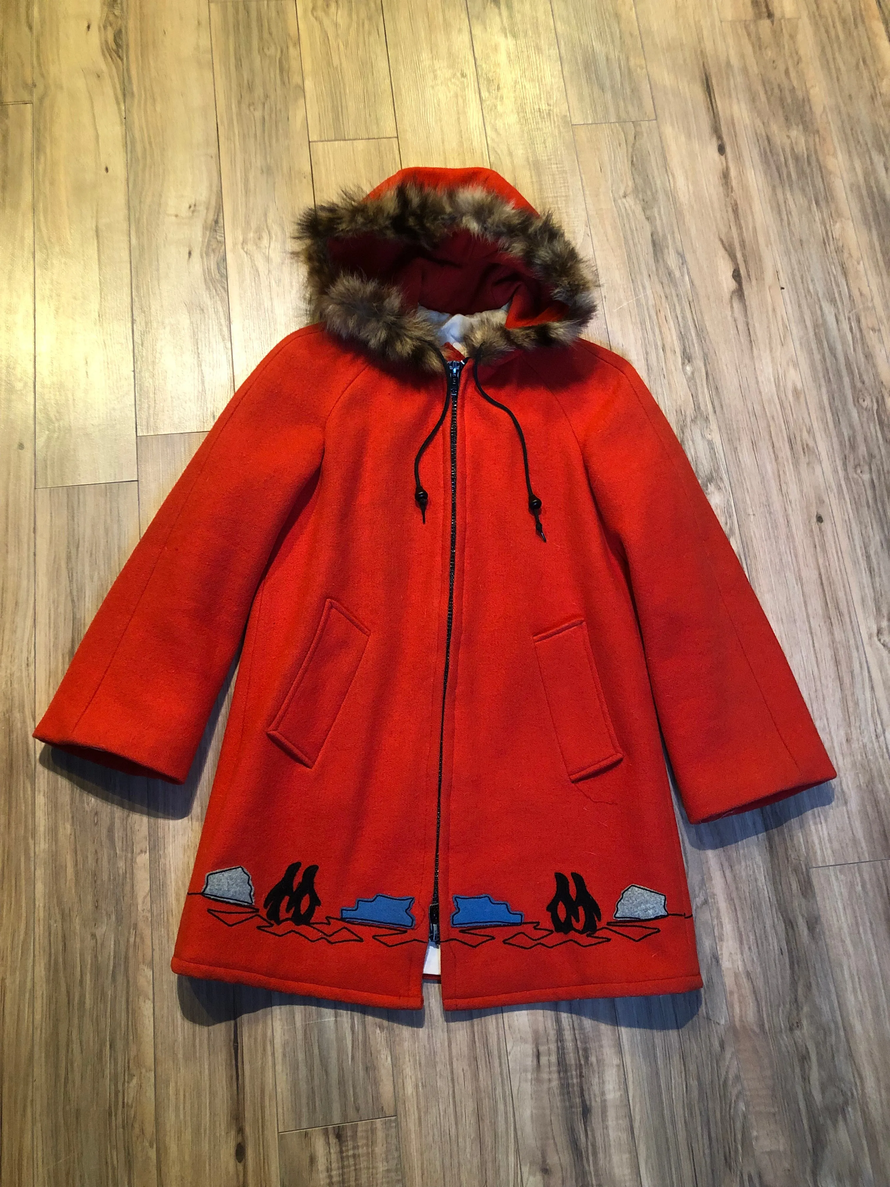 Vintage James Bay Red Wool Northern Parka with Fur Trimmed Hood, Made in Canada