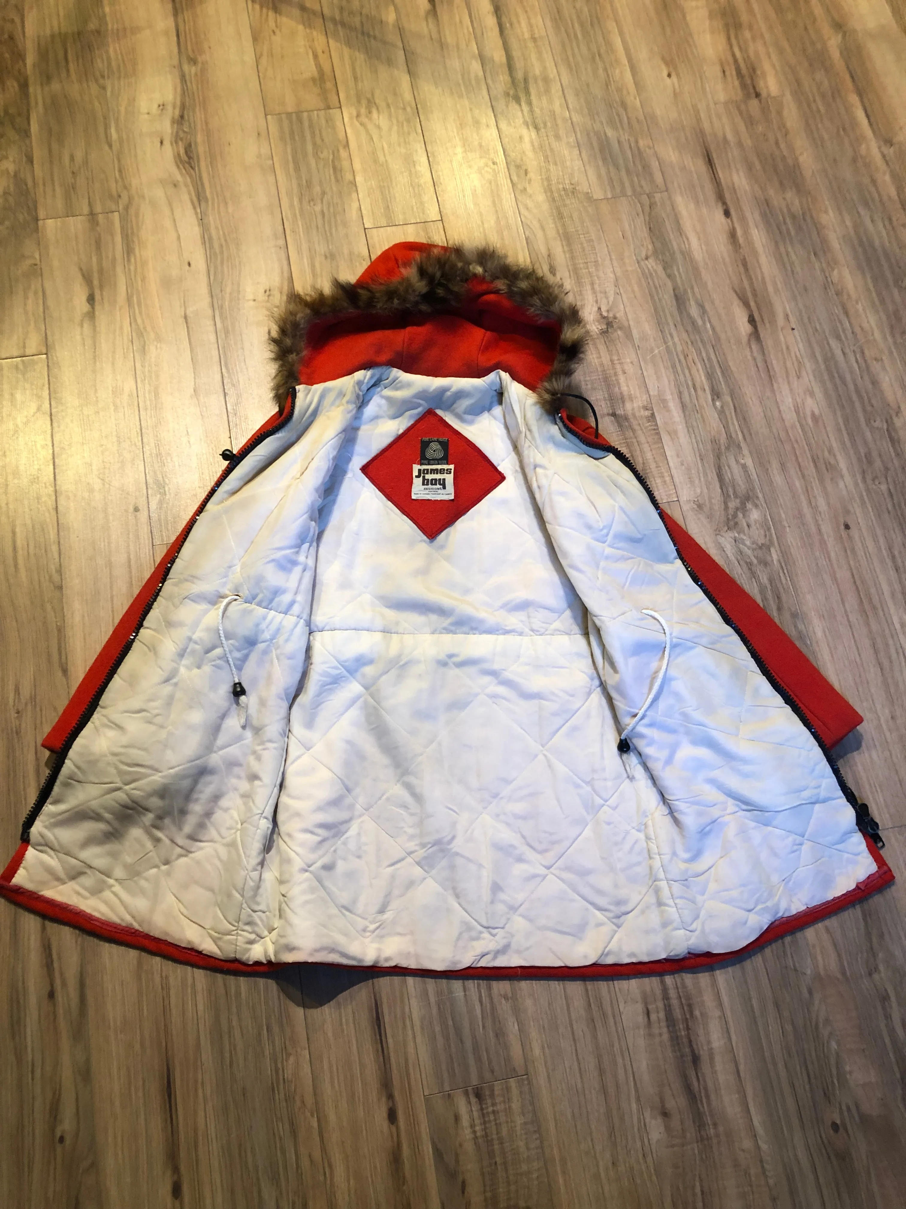 Vintage James Bay Red Wool Northern Parka with Fur Trimmed Hood, Made in Canada