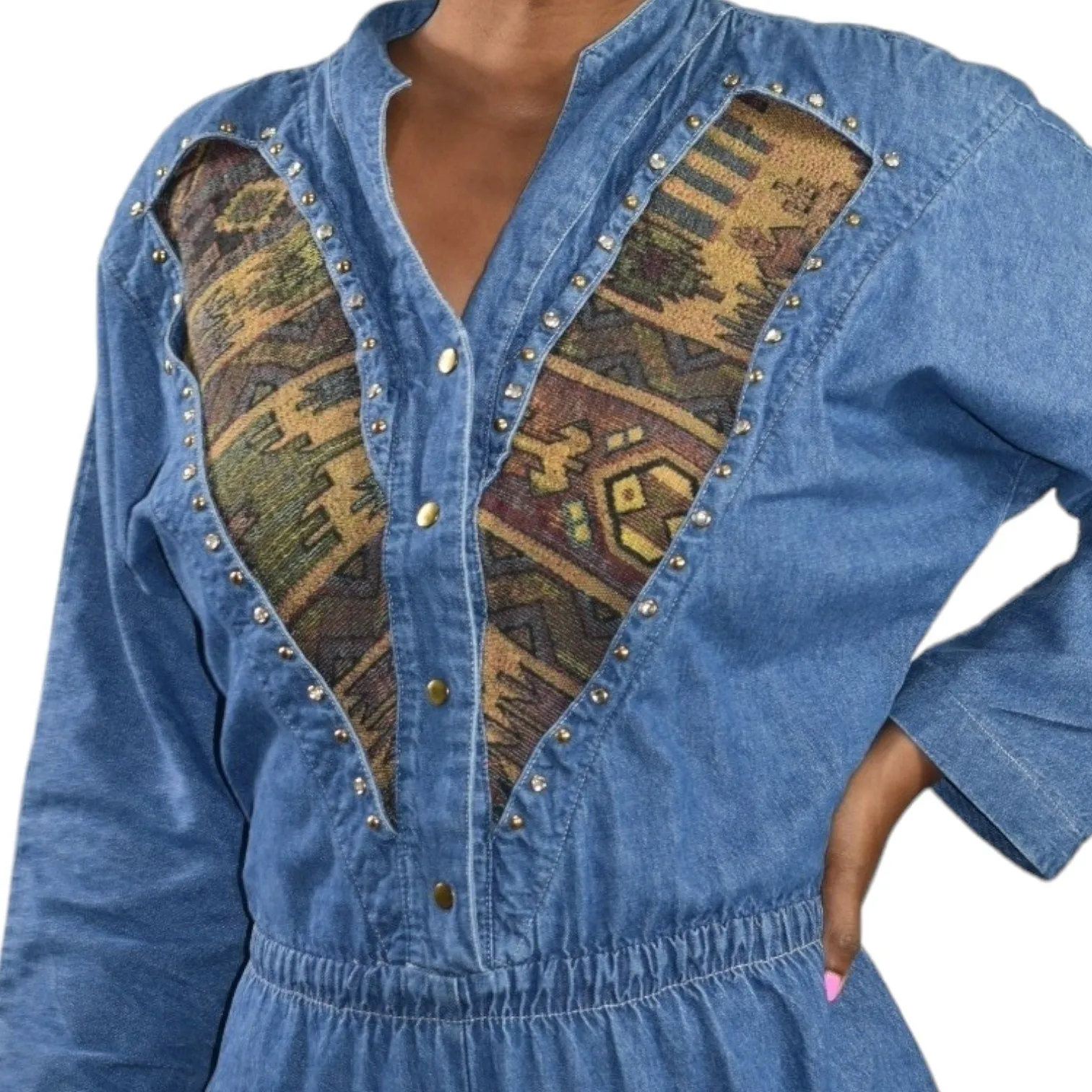 Vintage Rio Denim Jumpsuit Blue Tapestry Utility Long Sleeve Medium Wash Jean 80s 90s Cotton Embellished Tapered Size Large