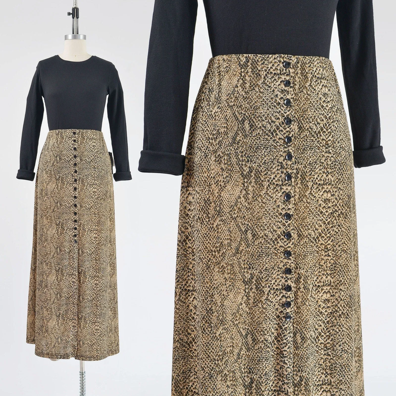 Vintage y2k Snakeskin Stretchy Knit Maxi Skirt with Slit Brown and Black size Small