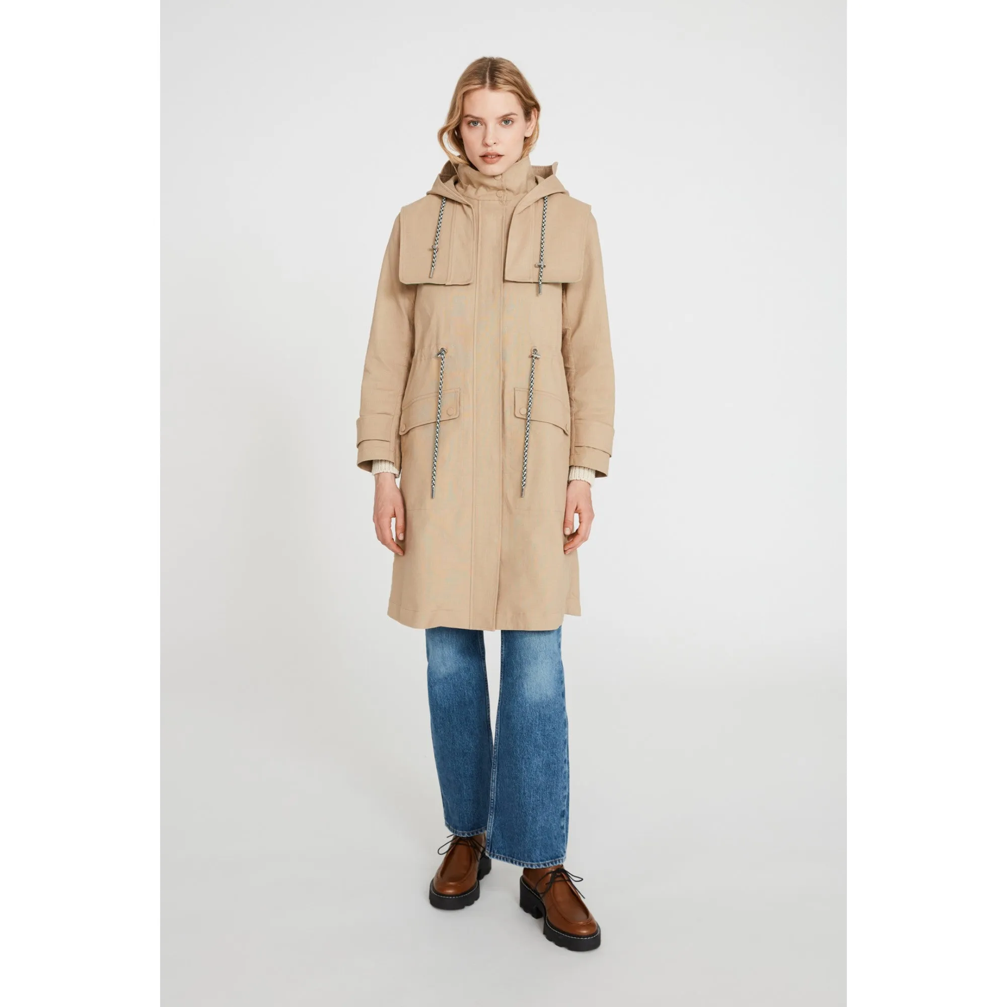 Women Long Hooded Trench Coat - Sesame