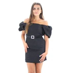 Women's Belted Off Shoulder Formal Dress,Black