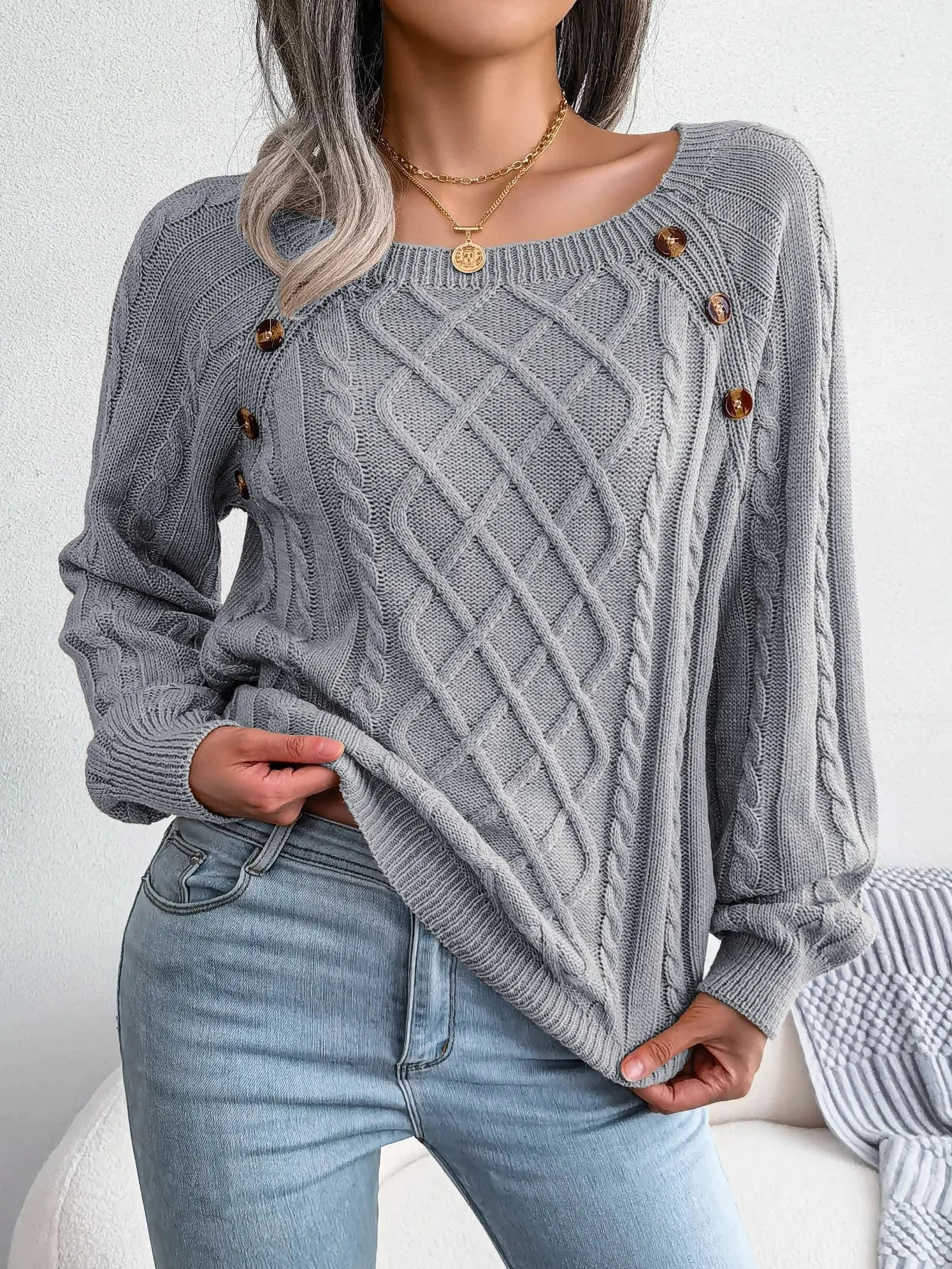 Womens Casual Square Collar Button Detail Long Sleeve Knitted Pullover