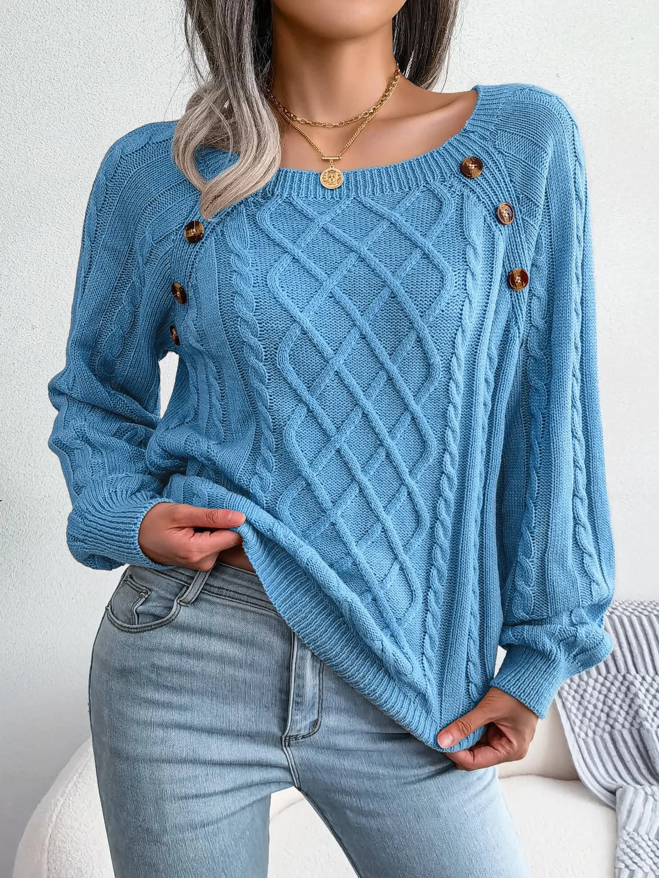 Womens Casual Square Collar Button Detail Long Sleeve Knitted Pullover