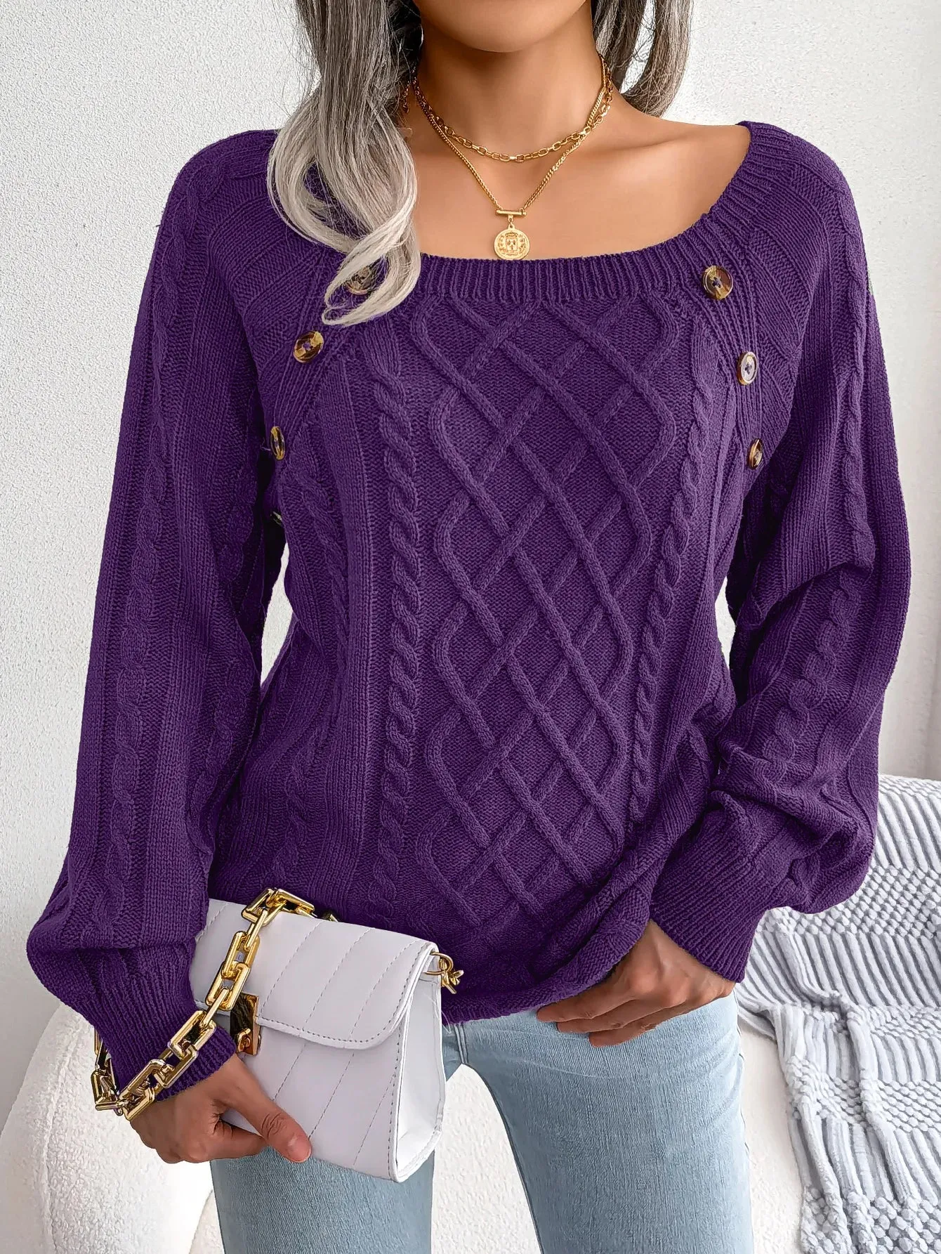 Womens Casual Square Collar Button Detail Long Sleeve Knitted Pullover