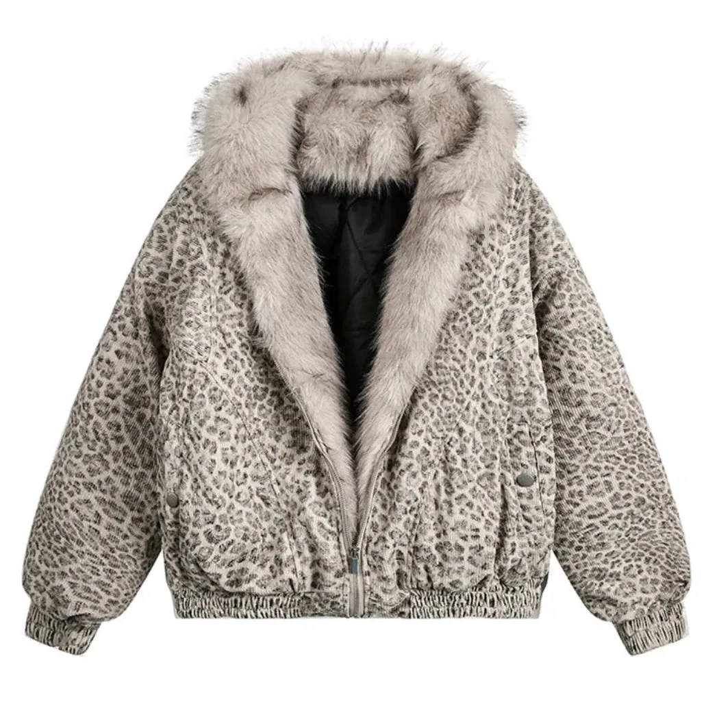 Women's Faux Fur Leopard Print Bomber Jacket