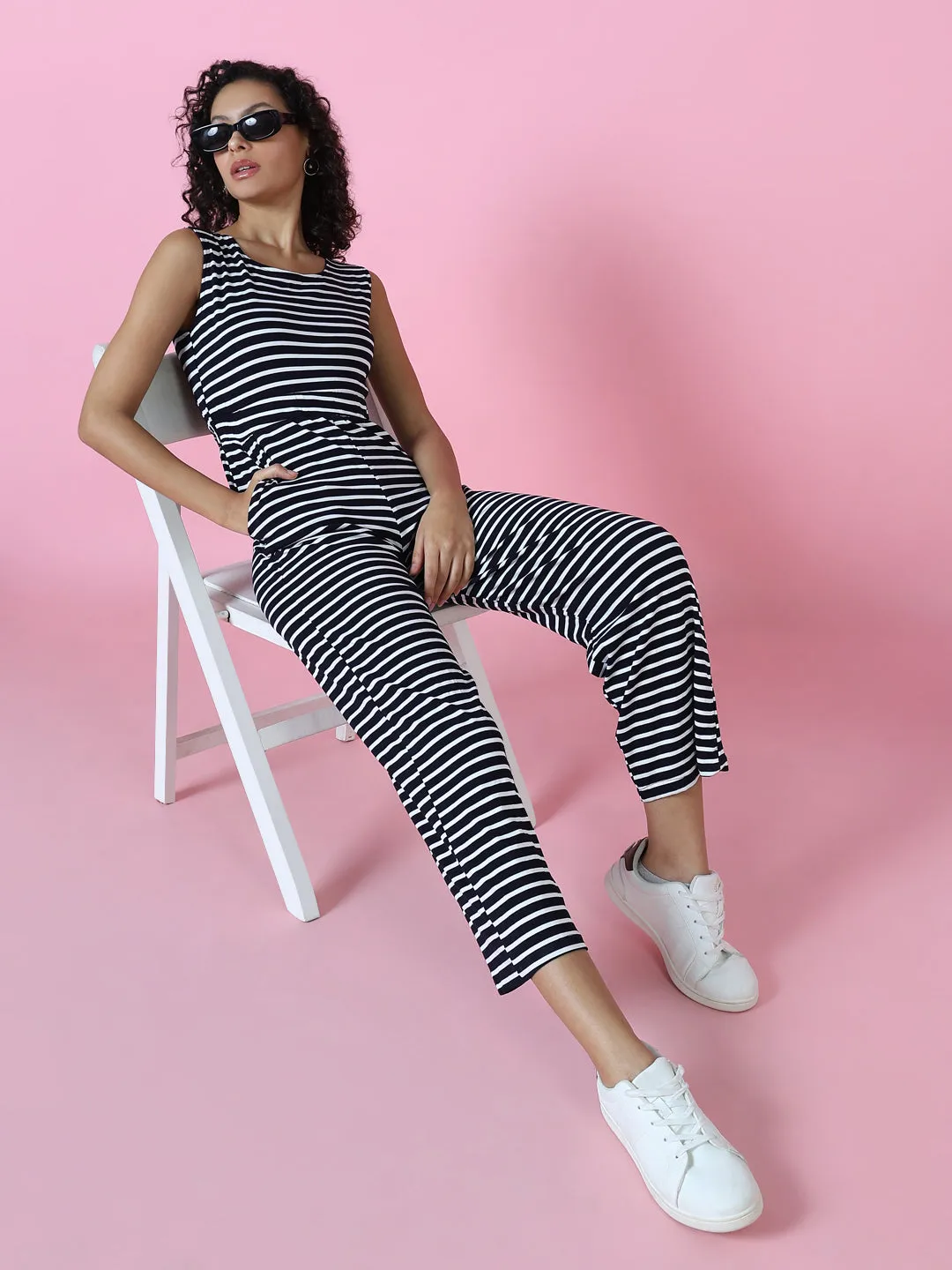 Women's Navy Blue Striped Jumpsuit