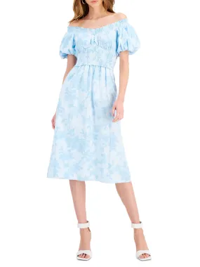 Women's Puff Sleeves Floral Smocked Dress,Blue