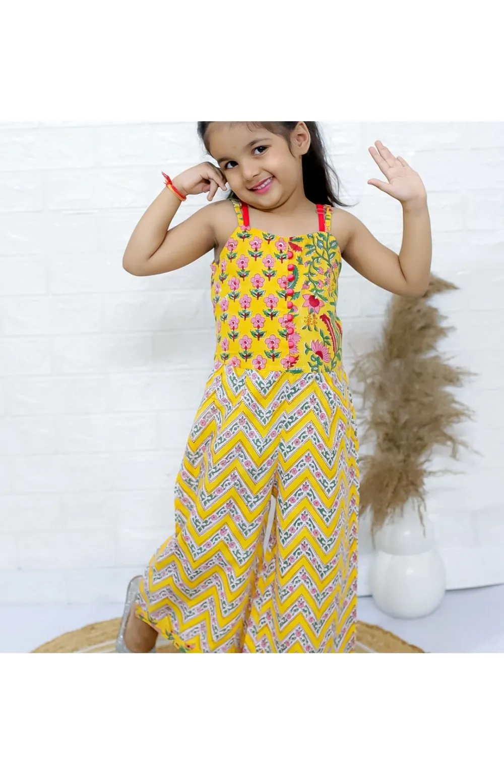 Yellow Cotton Printed Dhoti Style Jumpsuit