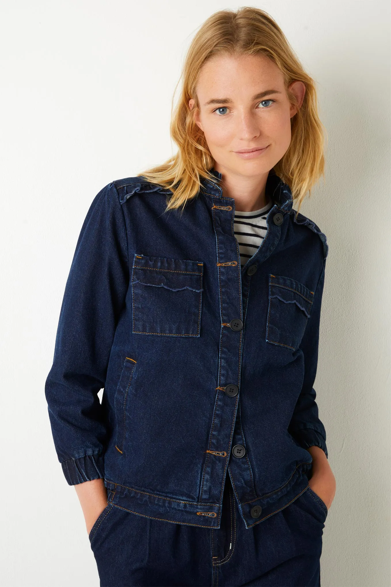 Zoe Scallop Denim Bomber Jacket - Rinse Wash